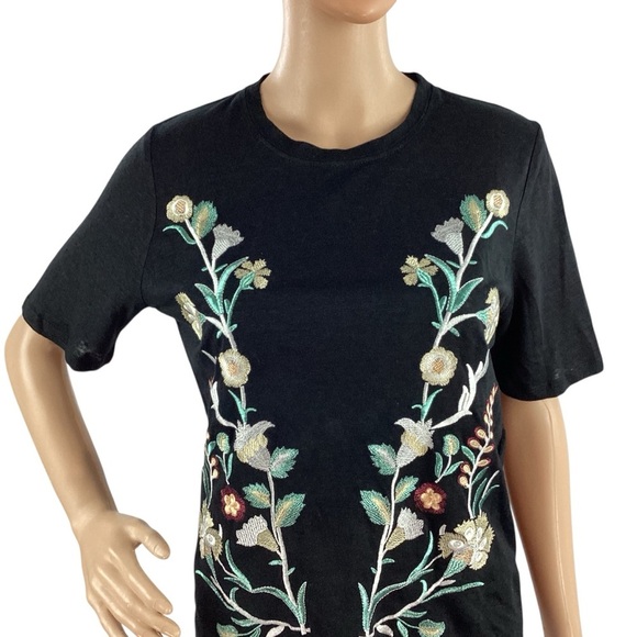 Maje Trinite Black Embroidered Linen T-Shirt Floral Mirror Stitch Size 1 (S) - Picture 2 of 7